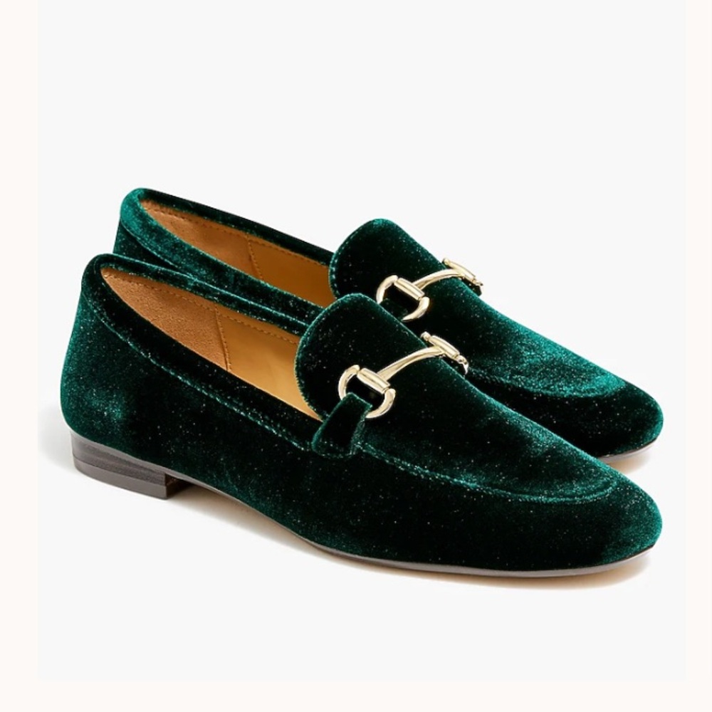 J. Crew Emerald Green Velvet Loafers with Gold Horsebit